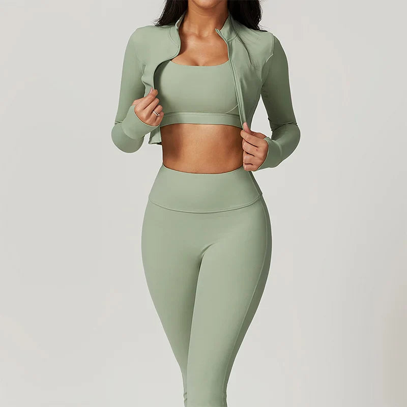 3 Piece Workout Outfit Sports Bra Leggings Long Sleeve Activewear