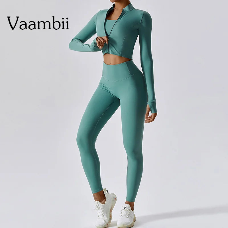 3 Piece Workout Outfit Sports Bra Leggings Long Sleeve Activewear