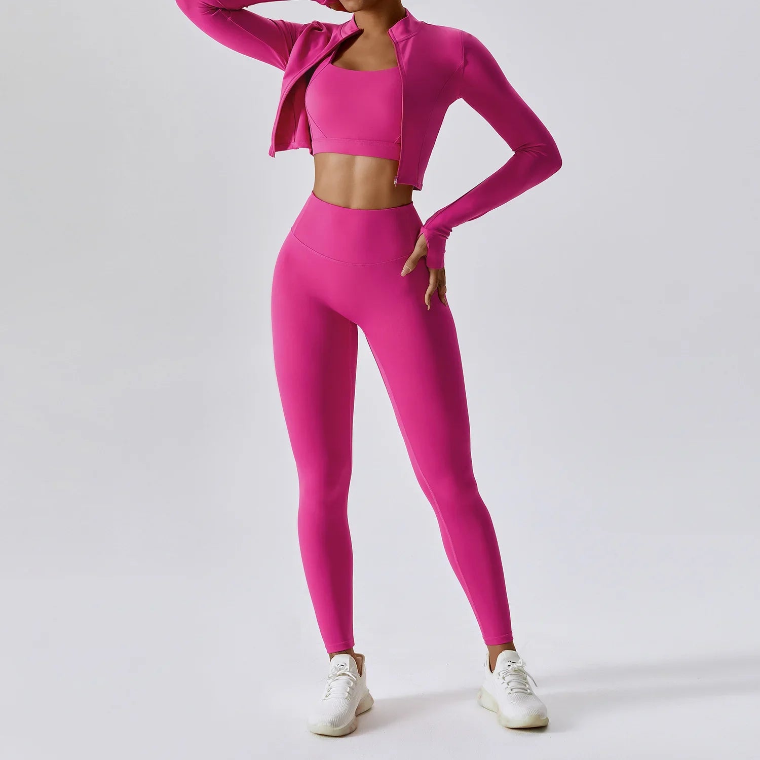 3 Piece Workout Outfit Sports Bra Leggings Long Sleeve Activewear