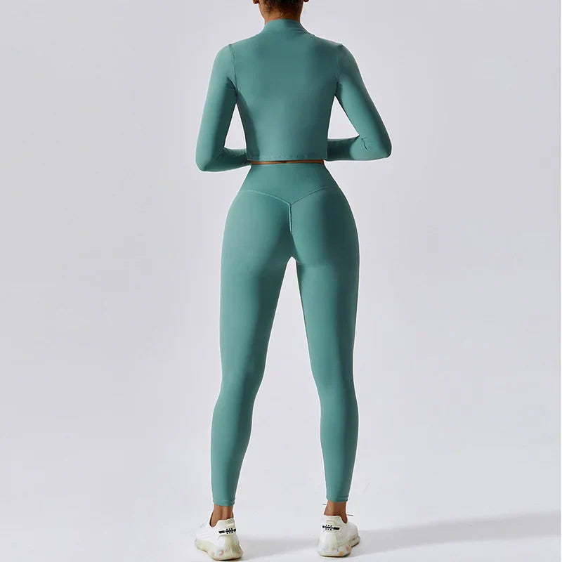 3 Piece Workout Outfit Sports Bra Leggings Long Sleeve Activewear