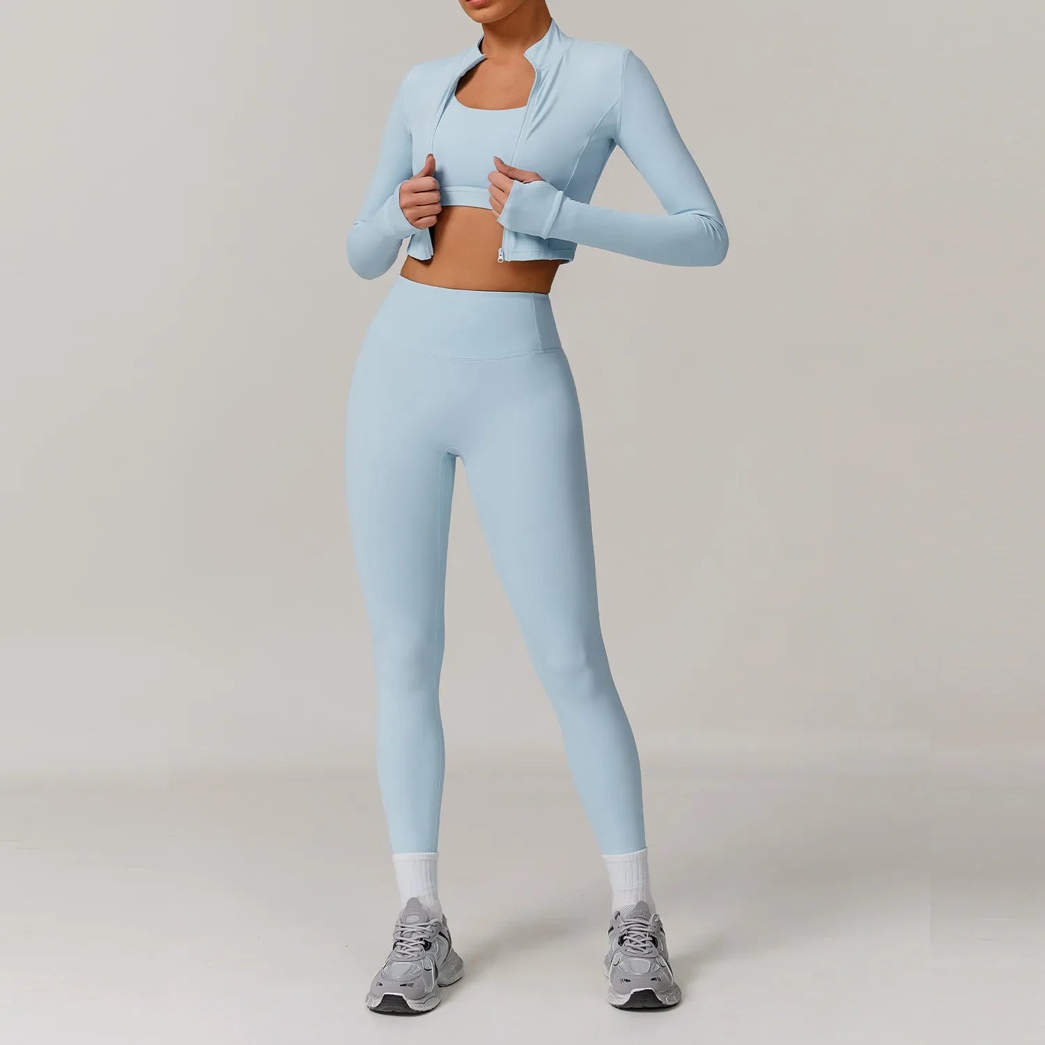 3 Piece Workout Outfit Sports Bra Leggings Long Sleeve Activewear