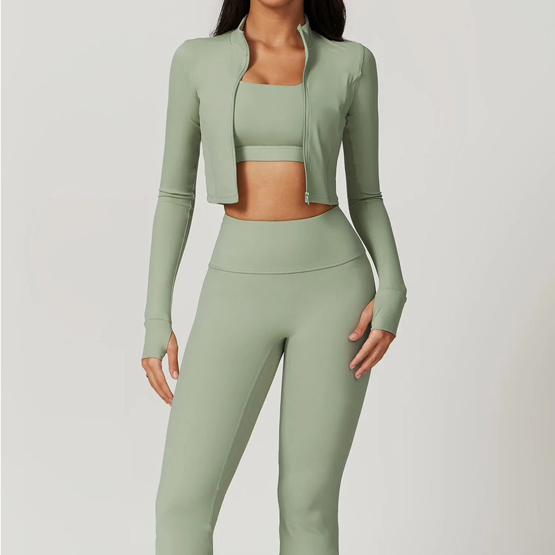 3 Piece Workout Outfit Sports Bra Leggings Long Sleeve Activewear