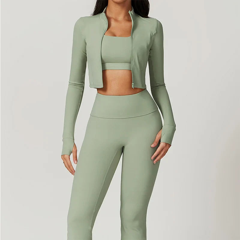 3 Piece Workout Outfit Sports Bra Leggings Long Sleeve Activewear