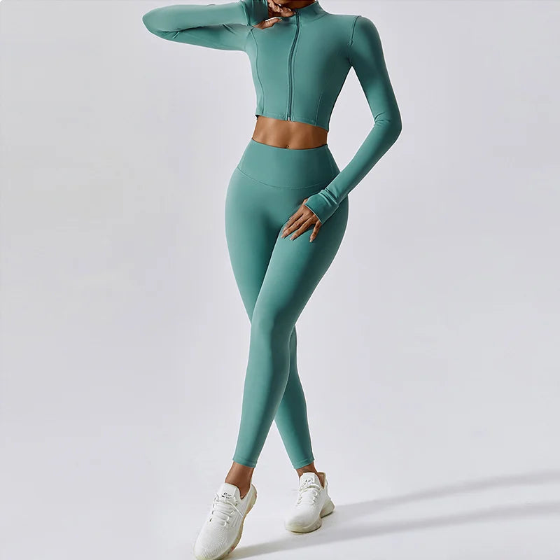 3 Piece Workout Outfit Sports Bra Leggings Long Sleeve Activewear