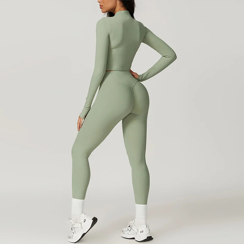 3 Piece Workout Outfit Sports Bra Leggings Long Sleeve Activewear