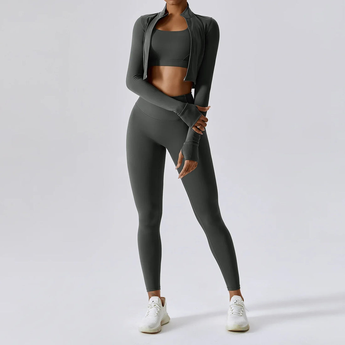 3 Piece Workout Outfit Sports Bra Leggings Long Sleeve Activewear
